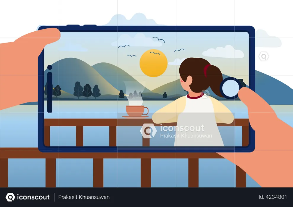 En cliquant sur l'image d'une femme dans un paysage  Illustration