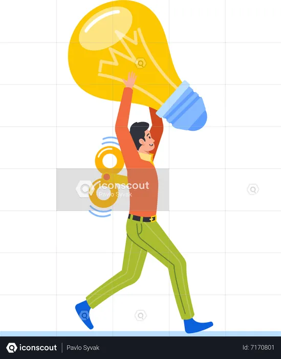Clockwork Toy Business Employee Carrying Huge Light Bulb, Symbolizing Innovation, Creativity, And Imagination  Illustration