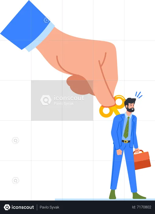 Clockwork Toy Businessman Stand With Sense Of Authority While Huge Hand Of Boss Start Spring  Illustration