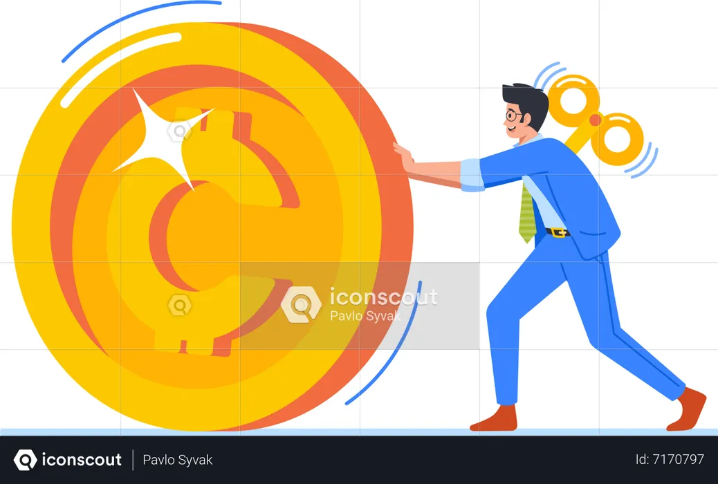 Clockwork Toy Employee Rolling Golden Coin  Illustration