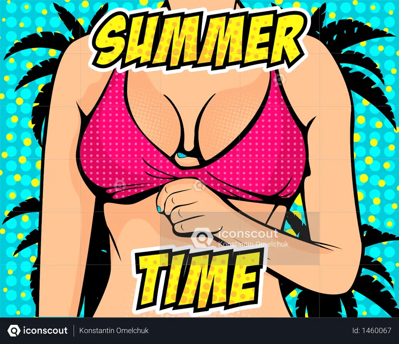 Close up of sexy female in bikini with text Summer Time  Illustration
