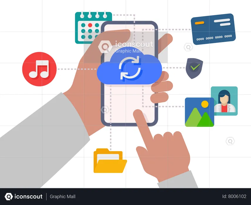 Service en ligne de téléchargement et de téléchargement de données en cloud computing avec téléphone mobile  Illustration