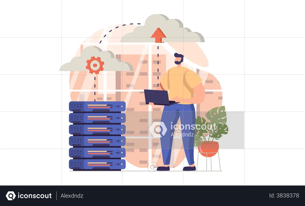 Cloud scientist maintaining cloud serve rig  Illustration