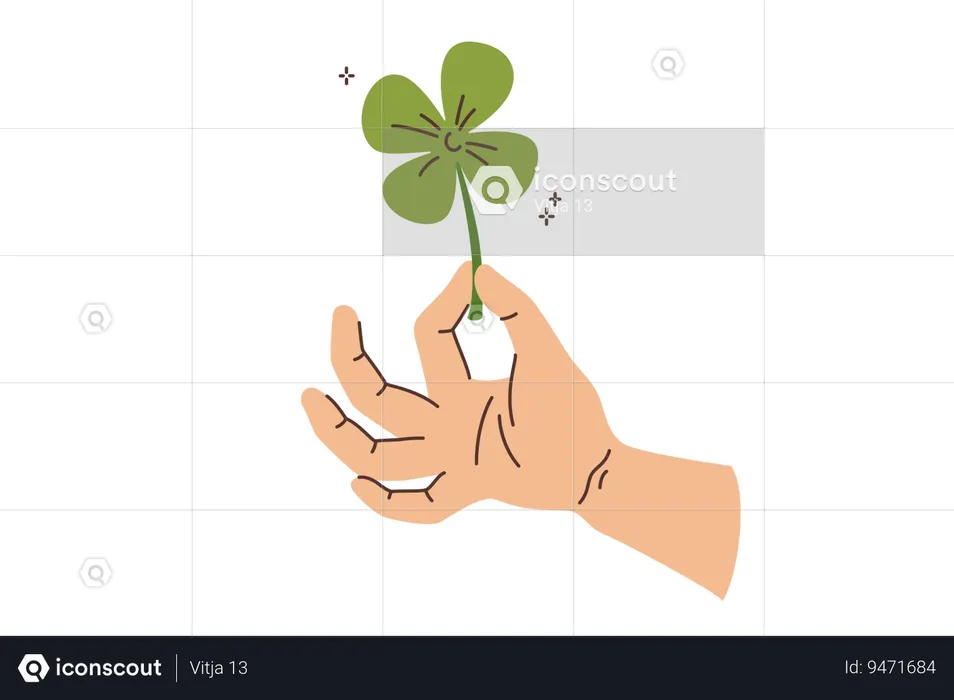 Clover in hand of man who picked plant and made wish to achieve good luck and fortune  Illustration
