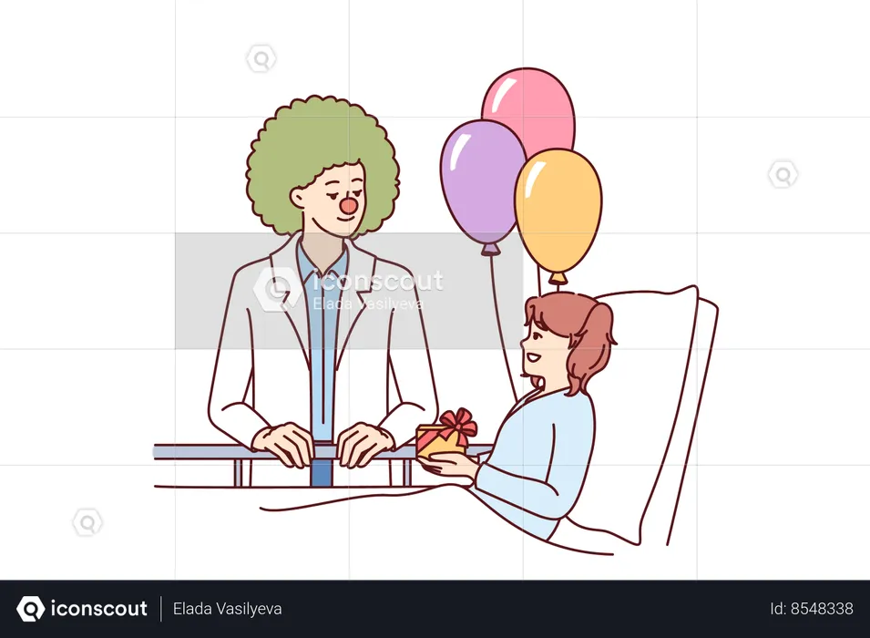 Clown doctor gives gift to child who is in hospital  Illustration