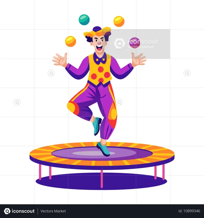 Clown sautant sur un trampoline  Illustration