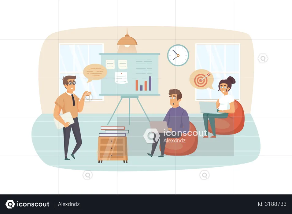Coach brainstorming with employees, increases work motivation at business training  Illustration