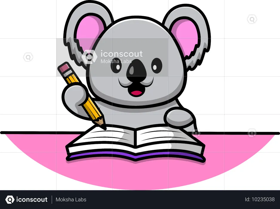 Koala escrevendo em livro com lápis  Ilustração