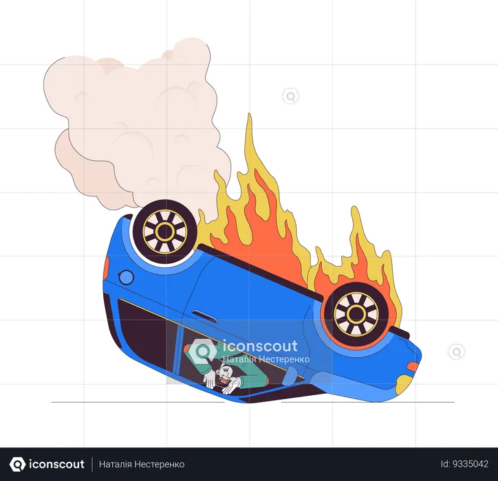 Coche al revés en llamas  Ilustración