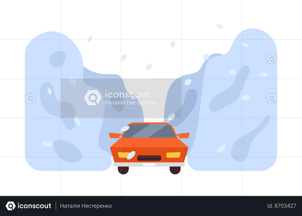 Coche corriendo en medio de una fuerte tormenta de nieve.  Ilustración