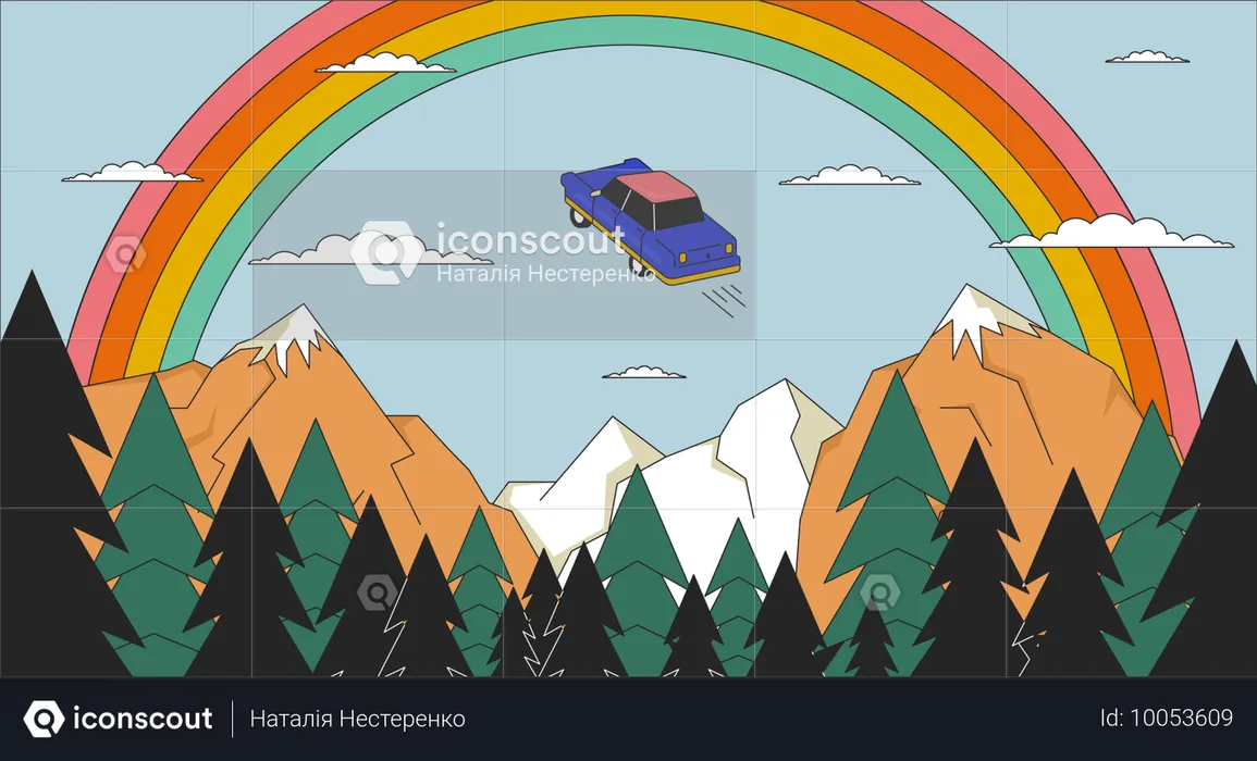 Coche volador psicodélico en el cielo del arco iris  Ilustración