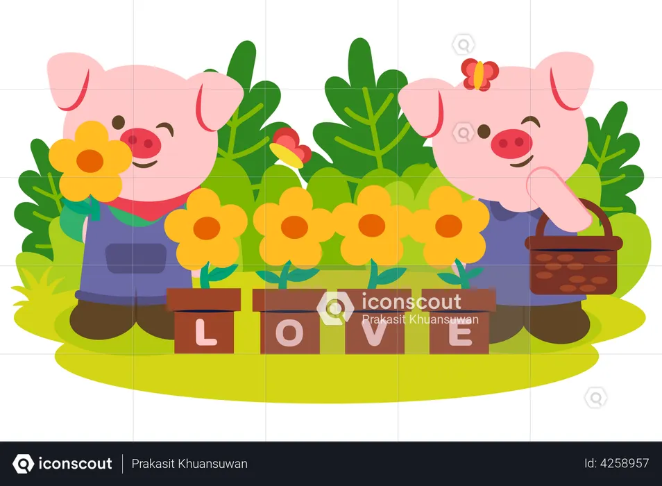 Couple de cochons avec pot de fleur de soleil dans le parc  Illustration