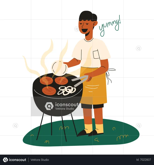 Cocinar hamburguesa en una barbacoa  Ilustración