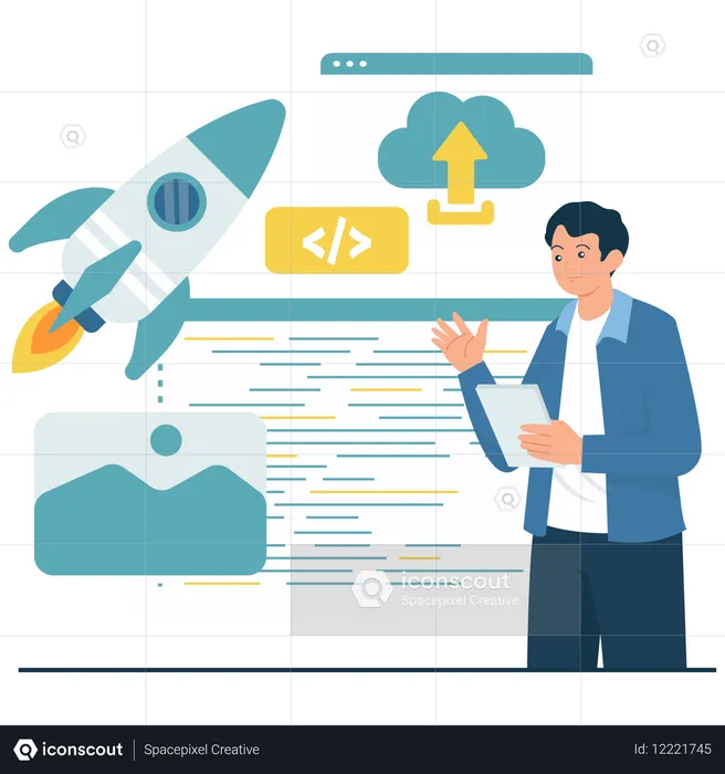 Coder doing App Launch Programming  Illustration
