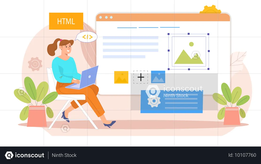 Coder uses HTML programming language while developing website  Illustration