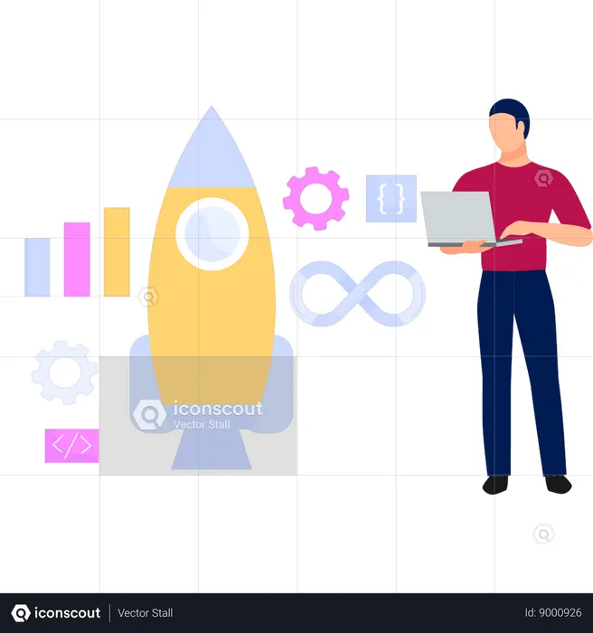 Coder works on product launch  Illustration