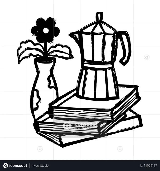 Coffee Pot and flower vase with books  Illustration