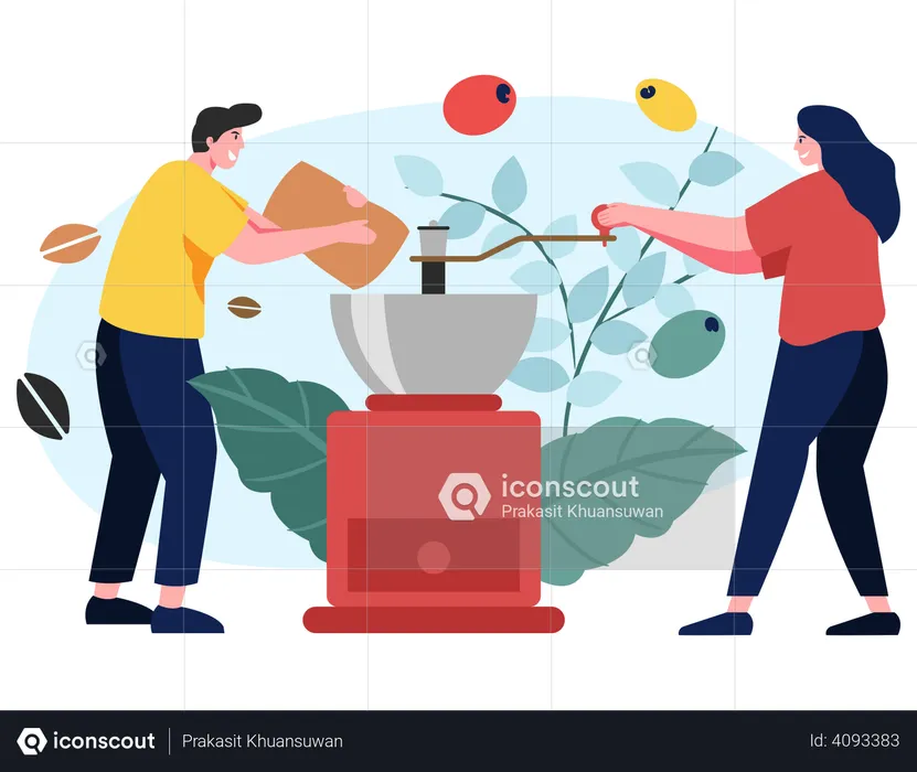 Coffee Seller is grinding coffee beans for customers who come to buy ground coffee.  Illustration