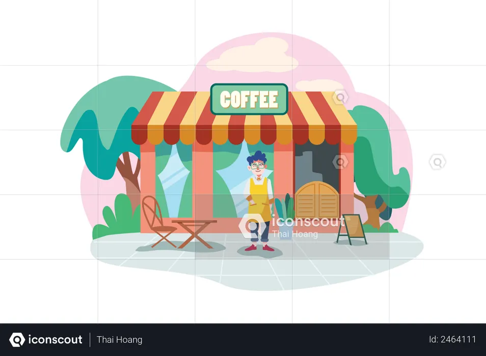 Coffee shop owner wearing apron in front of the shop facade  Illustration