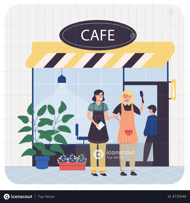 Coffee Shop Waitress standing outside coffee shop  Illustration