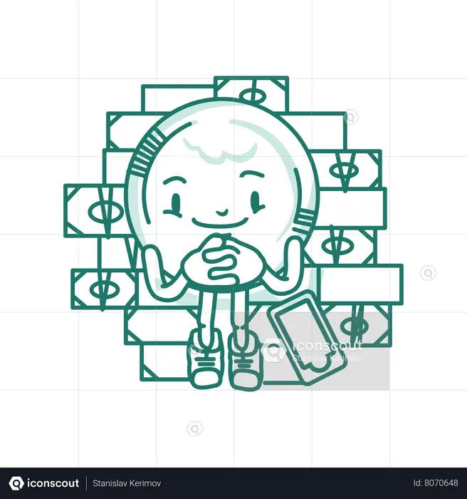 Coin Character Sits On Pile Of Money  Illustration