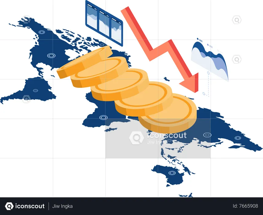 Coin Money Falling like Domino on World Map Currency and Financial Crisis  Illustration