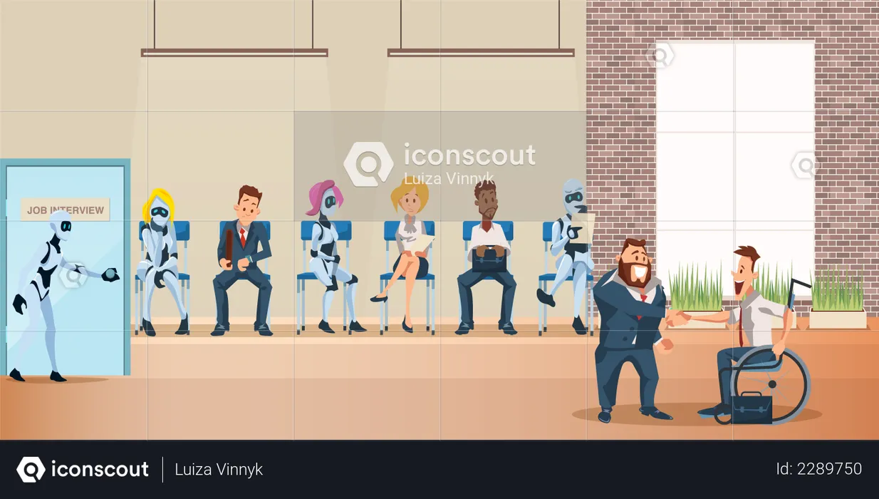 Cola de personas y robots sentados para una entrevista de trabajo en la oficina  Ilustración