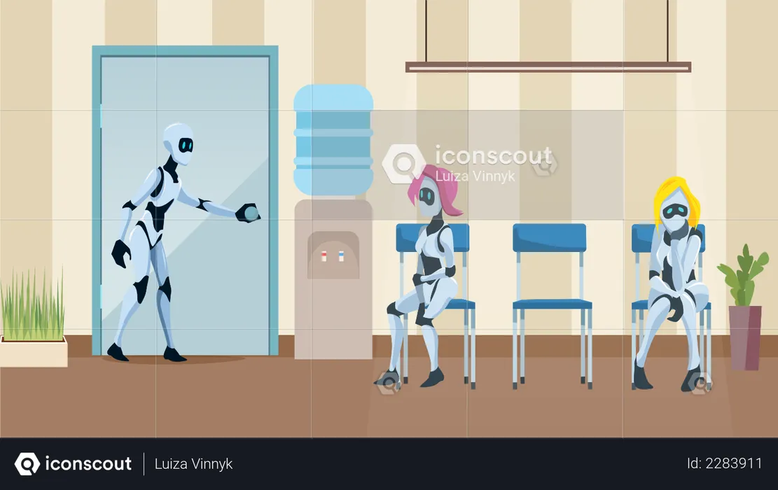 Cola de robots en el pasillo de la oficina esperando una entrevista de trabajo  Ilustración