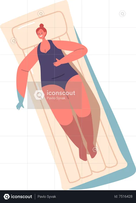 Mulher relaxada flutuando em colchão inflável  Ilustração