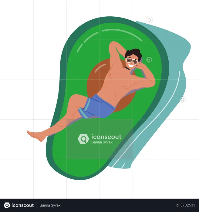 Homem flutuando em colchão de ar em formato de abacate aproveitando o verão  Ilustração