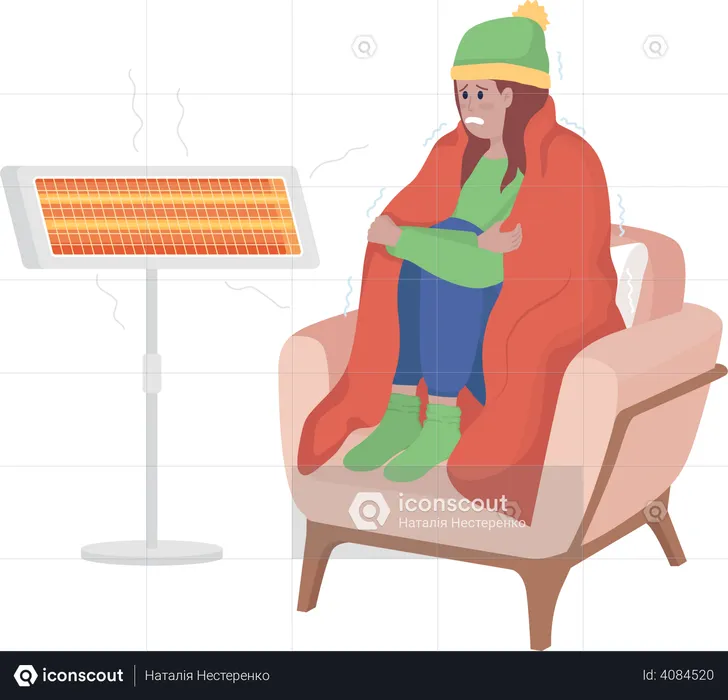 Cold girl at heater lamp  Illustration