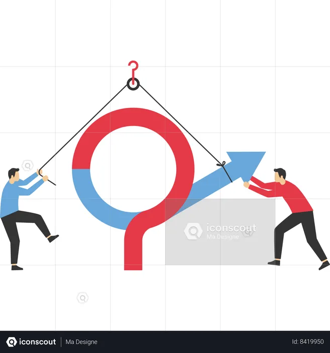 Los colegas ayudan a poner la flecha de solución en el signo del problema del signo de interrogación.  Ilustración