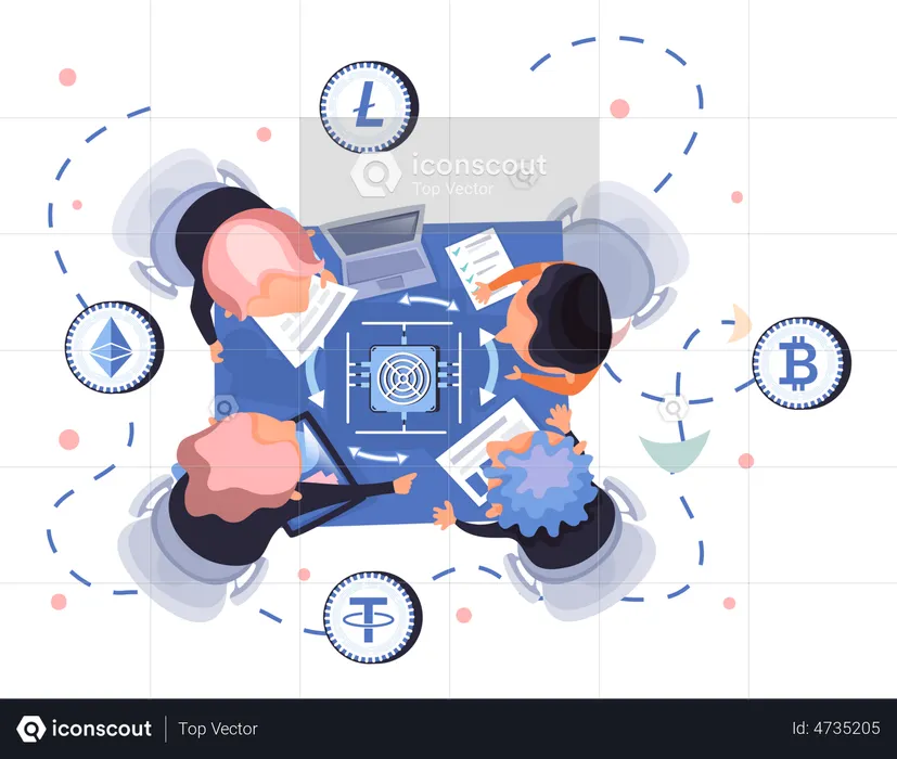 Colegas discutem análises do mercado de criptomoedas  Ilustração