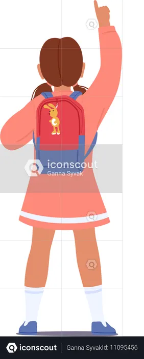 Colegial com mochila apontando e olhando para cima  Ilustração