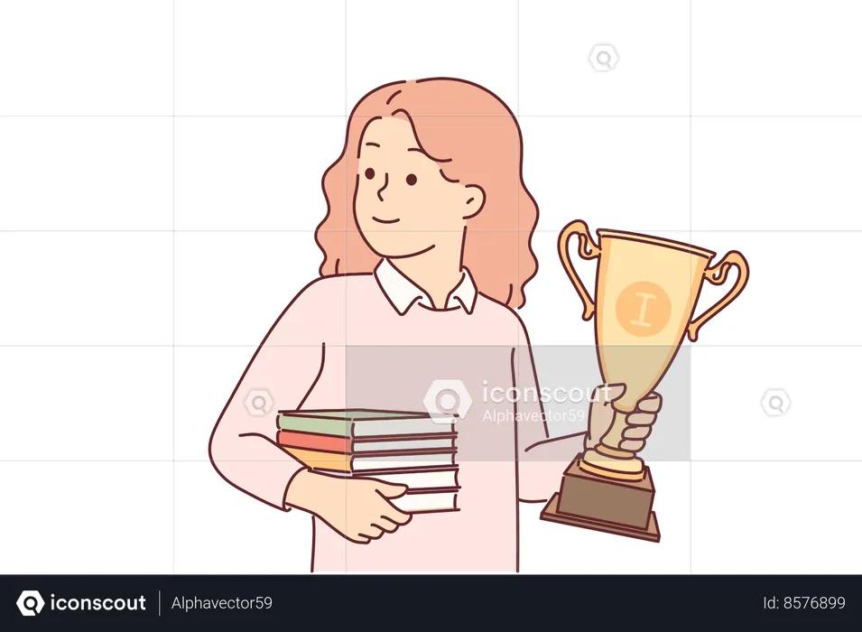 Estudante com copo de ouro troféu e livros nas mãos  Ilustração