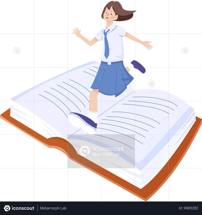 Menina da escola correndo em livros  Ilustração
