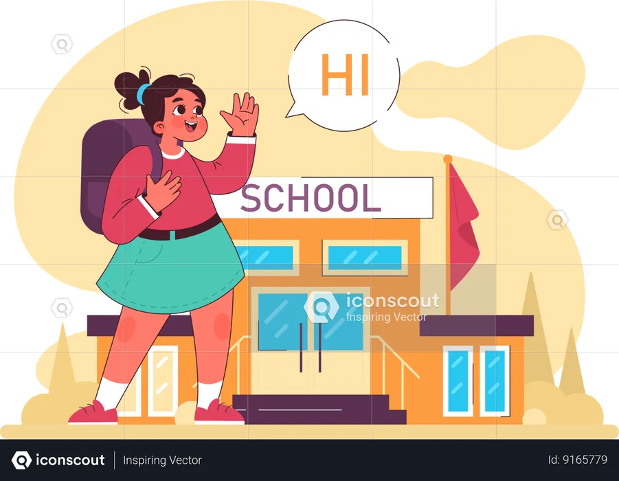 Menina da escola diga oi  Ilustração