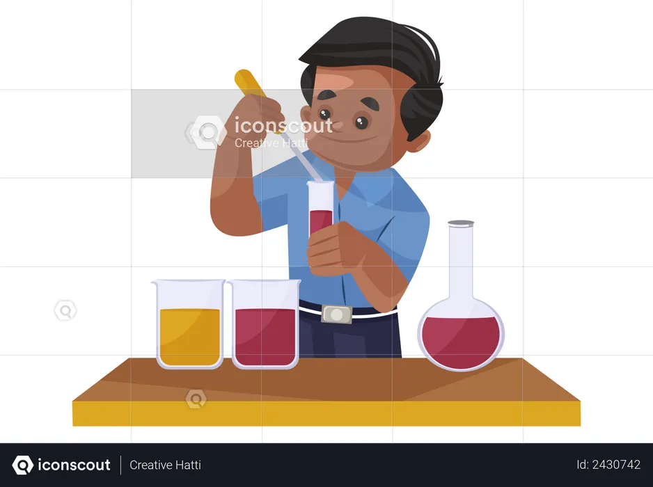 Niño de escuela haciendo experimentos en el laboratorio de química  Ilustración