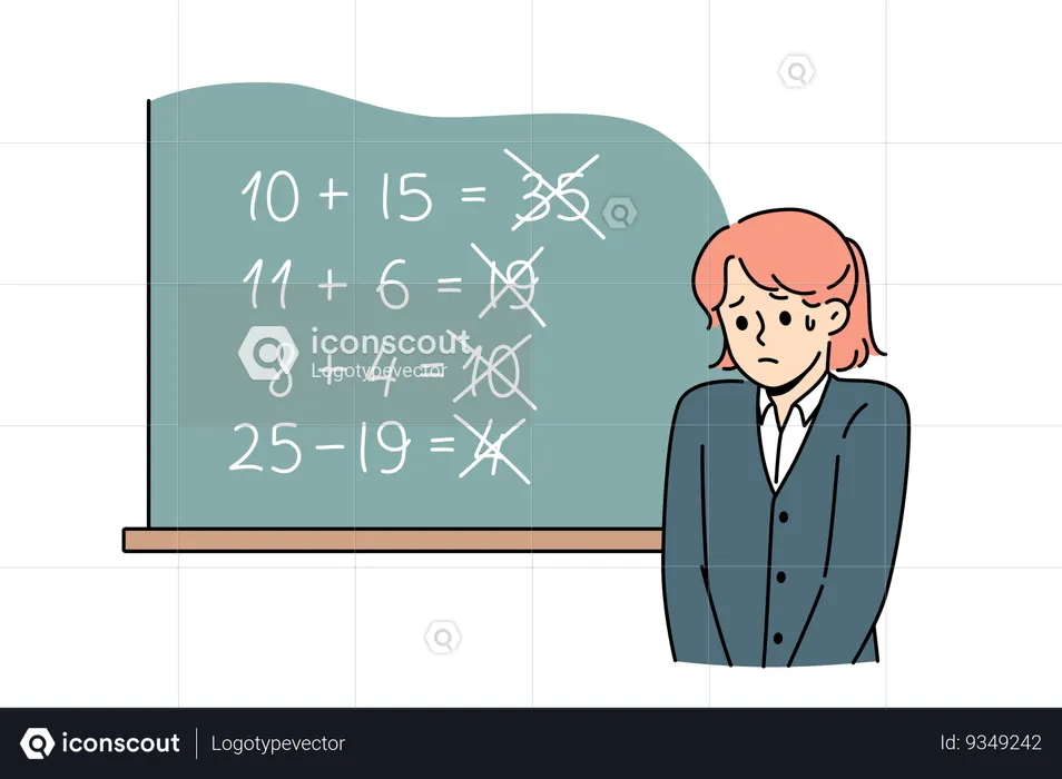 Una colegiala molesta se encuentra cerca de la pizarra y está triste por errores al resolver ejemplos matemáticos  Ilustración