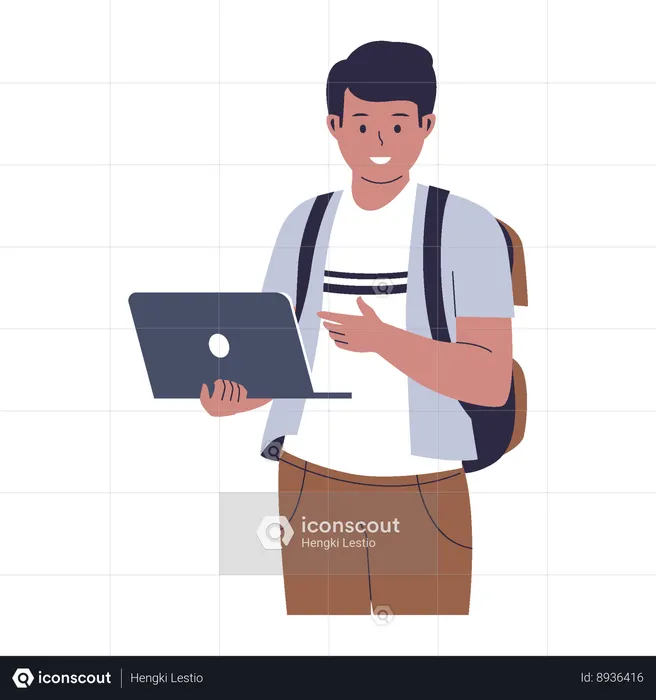 Collage student holding laptop while pointing it  Illustration