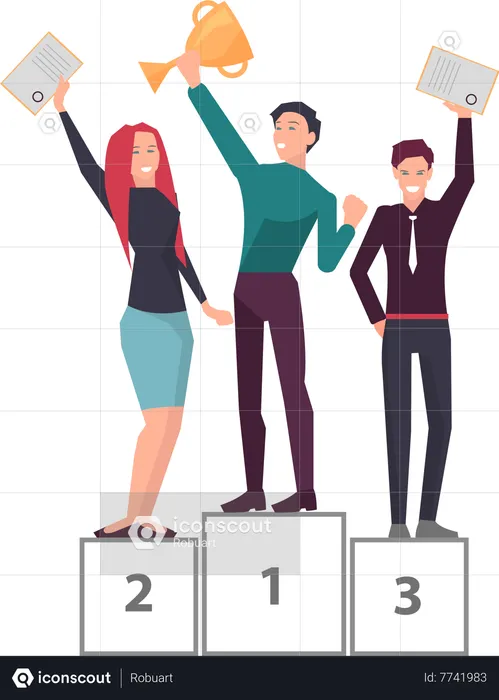 Colleagues celebrate business victory standing on pedestal  Illustration