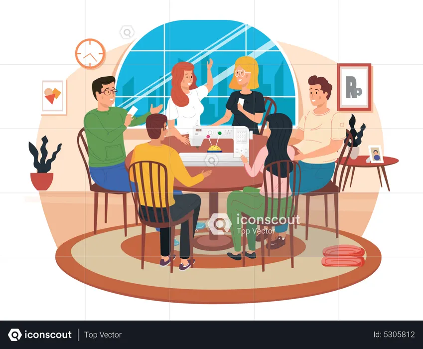 Colleagues discussing design of clothing  Illustration