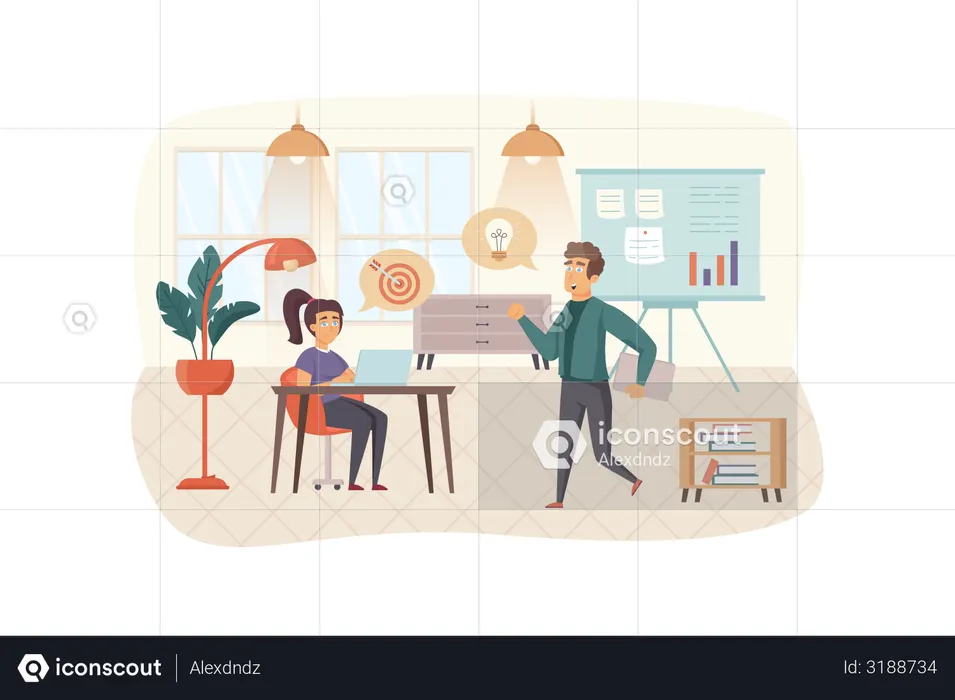 Colleagues generate ideas, do targeting, brainstorming and team building  Illustration