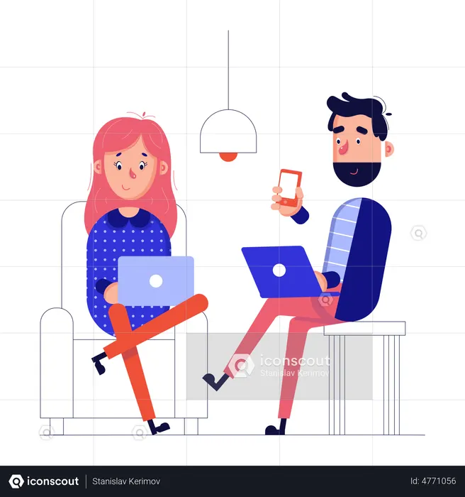 Colleagues in the office work at laptops  Illustration