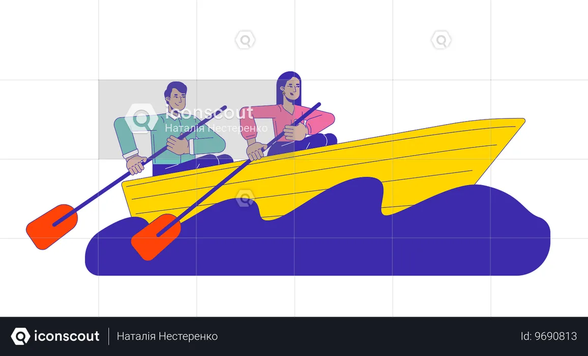 Colleagues rowing boat across rough sea  Illustration