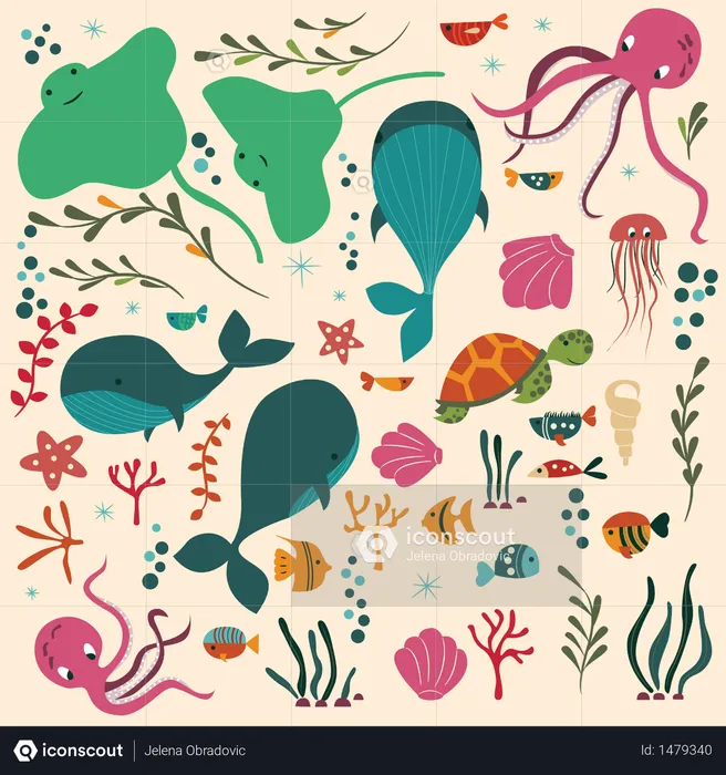 Collection of colorful sea and ocean animals, whale, octopus, stingray, jellyfish, turtle, coral  Illustration