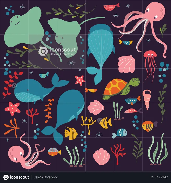 Collection of colorful sea and ocean animals, whale, octopus, stingray, jellyfish, turtle, coral  Illustration