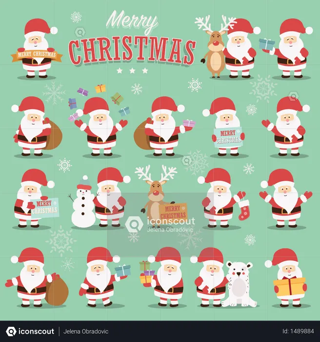Collection of cute Santa Claus characters with reindeer, bear, snowman and gifts  Illustration