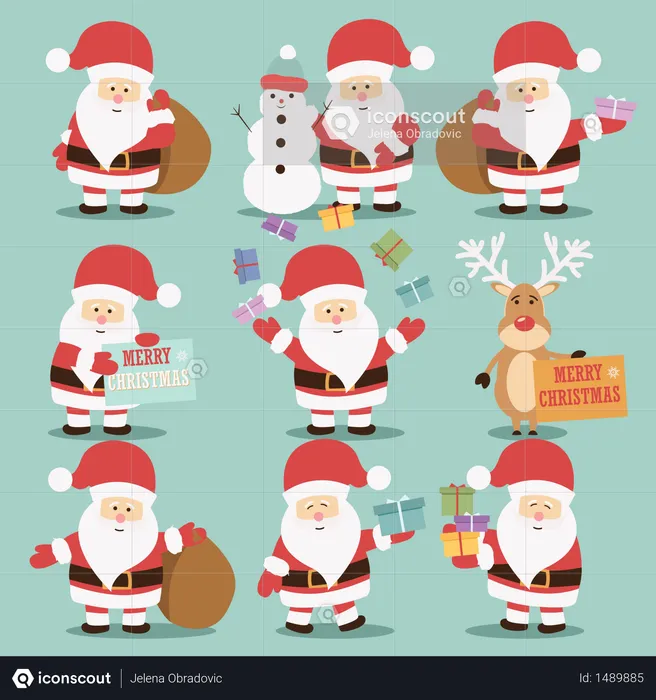 Collection of cute Santa Claus characters with reindeer, snowman and gifts  Illustration