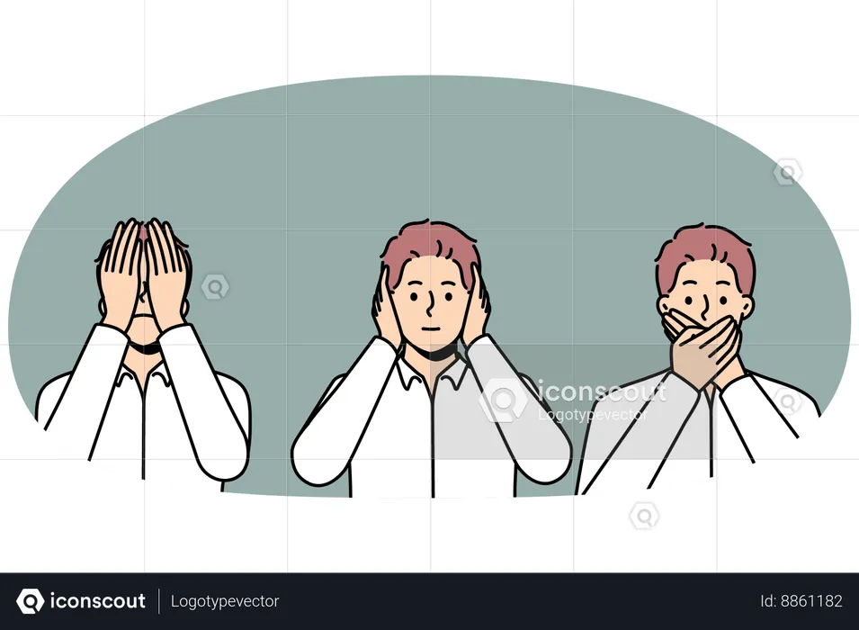 Collection of guy close mouth ears and eyes demonstrate emotions  Illustration